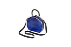 Handmade round wooden handbag in royal blue with braided handle, 8.7" / 22 cm, by Hrachya Ohanyan