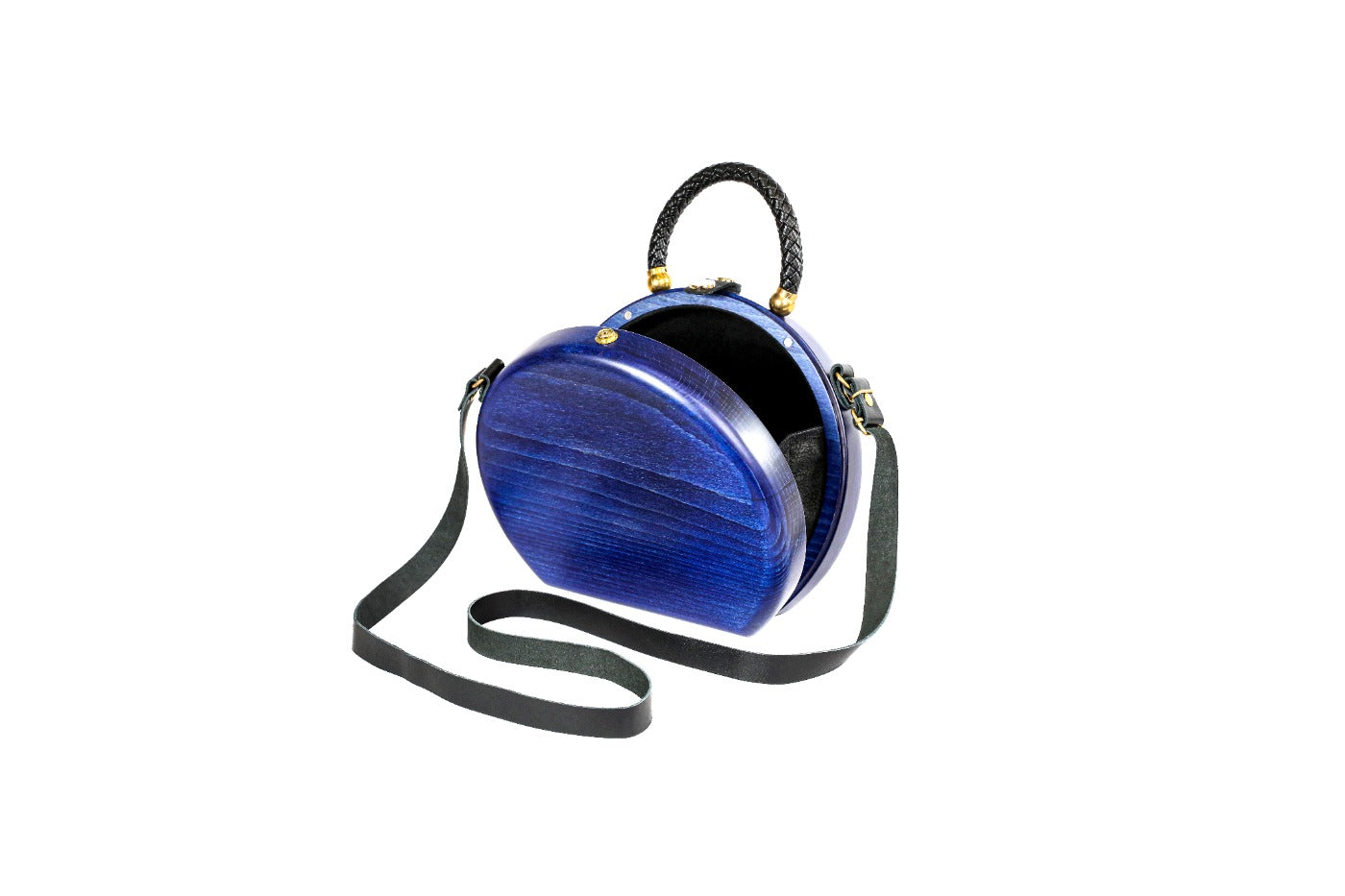 Round wooden bag in royal blue — angle view