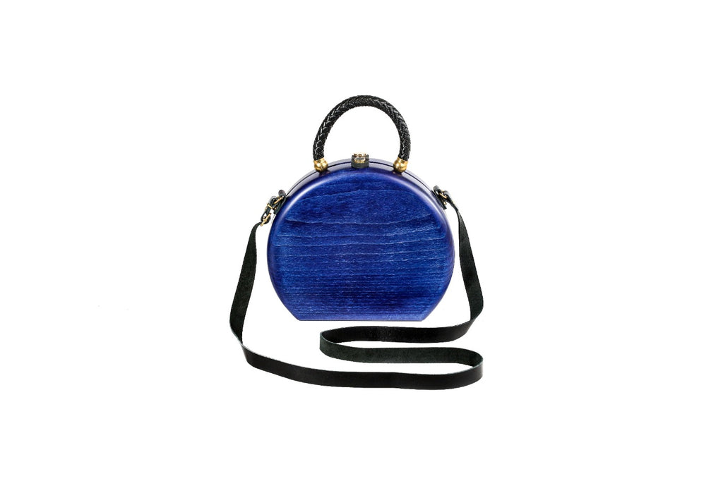Round wooden handbag in royal blue, 8.7" / 22 cm — full view
