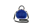 Round wooden handbag in royal blue, 8.7" / 22 cm — full view