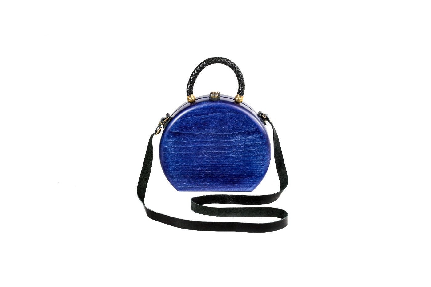 Round wooden handbag in royal blue, 8.7" / 22 cm — full view