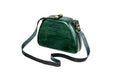 Handmade trapezoid wooden handbag in forest green with leather strap, 8.7" / 22 cm, by Hrachya Ohanyan