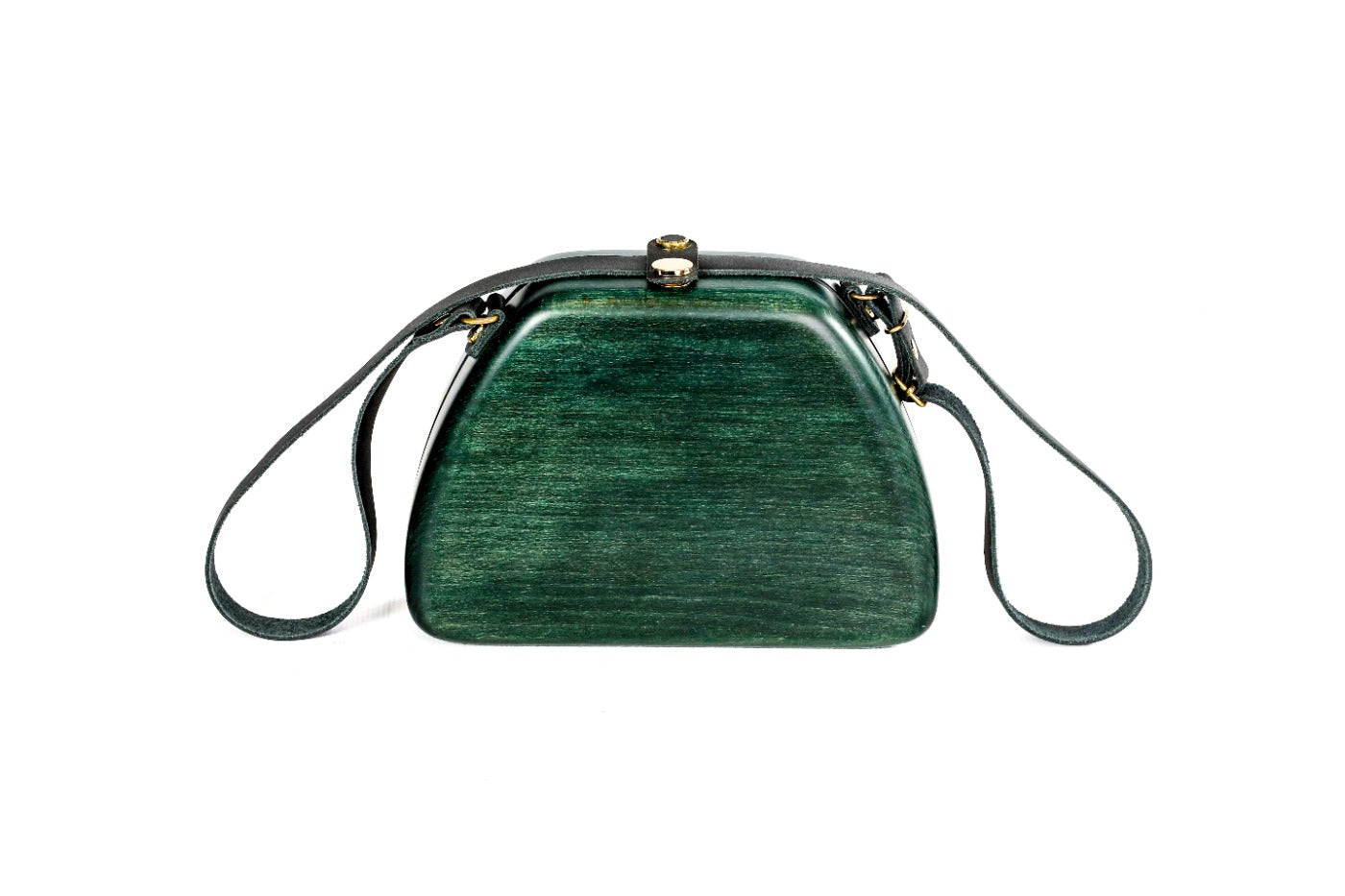 Trapezoid wooden handbag in forest green — detail view