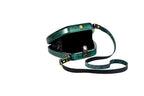 Forest green wooden bag with leather strap — side view