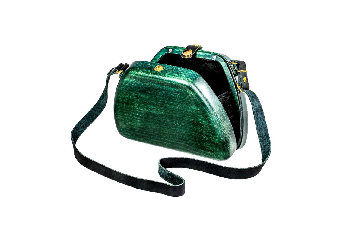 Trapezoid wooden bag in forest green — angle view