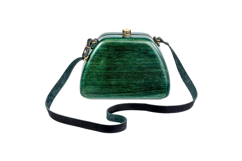 Trapezoid wooden handbag in forest green, 8.7" / 22 cm — full view