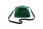 Trapezoid wooden handbag in forest green, 8.7" / 22 cm — full view