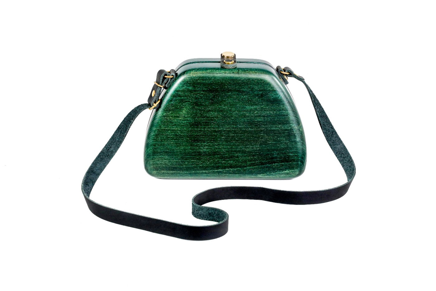 Trapezoid wooden handbag in forest green, 8.7" / 22 cm — full view