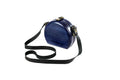 Handmade round wooden handbag in navy blue with leather strap, 6.3" / 16 cm, by Hrachya Ohanyan