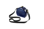 Handmade round wooden handbag in navy blue with leather strap, 6.3" / 16 cm, by Hrachya Ohanyan