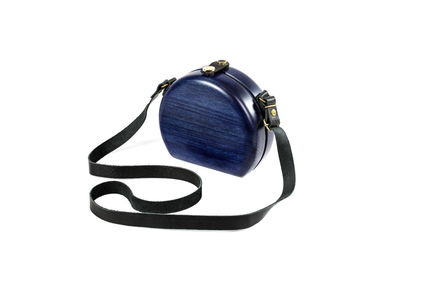 Handmade round wooden handbag in navy blue with leather strap, 6.3" / 16 cm, by Hrachya Ohanyan
