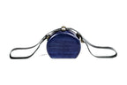 Round wooden handbag in navy blue — detail view