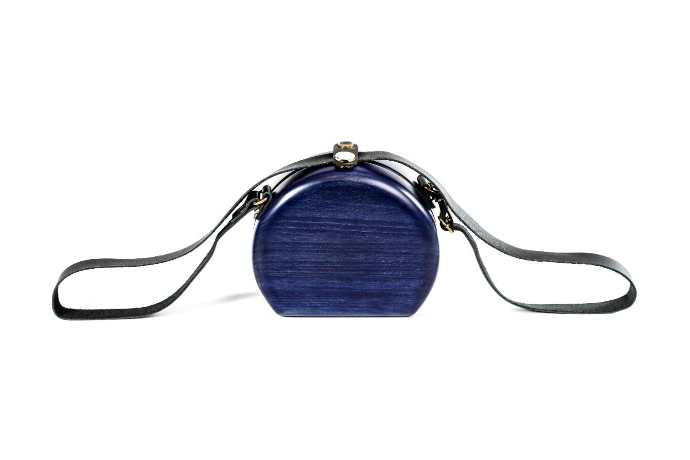 Round wooden handbag in navy blue — detail view