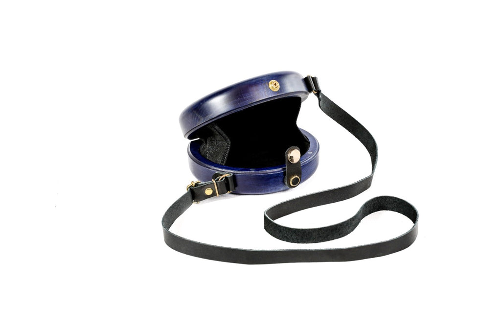 Round wooden handbag in navy blue, 6.3" / 16 cm — full view