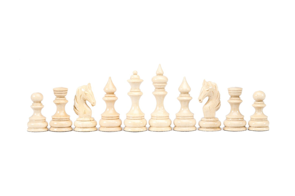 The pale beech side of the set: pawns, rooks, carved horse-head knights, bishops, queen and king