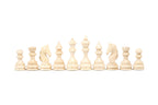 The pale beech side of the set: pawns, rooks, carved horse-head knights, bishops, queen and king