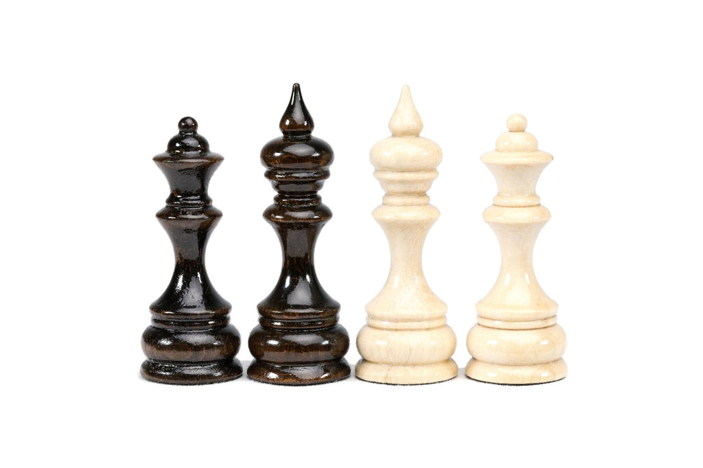 Walnut queen and king beside beech king and queen, classic turned chess pieces with velvet bases