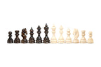 Dark and light wooden chess pieces lined up in one row, pawn to king in both colours