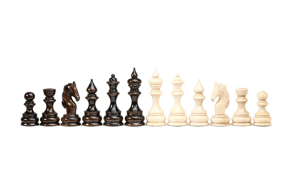 Dark and light wooden chess pieces lined up in one row, pawn to king in both colours