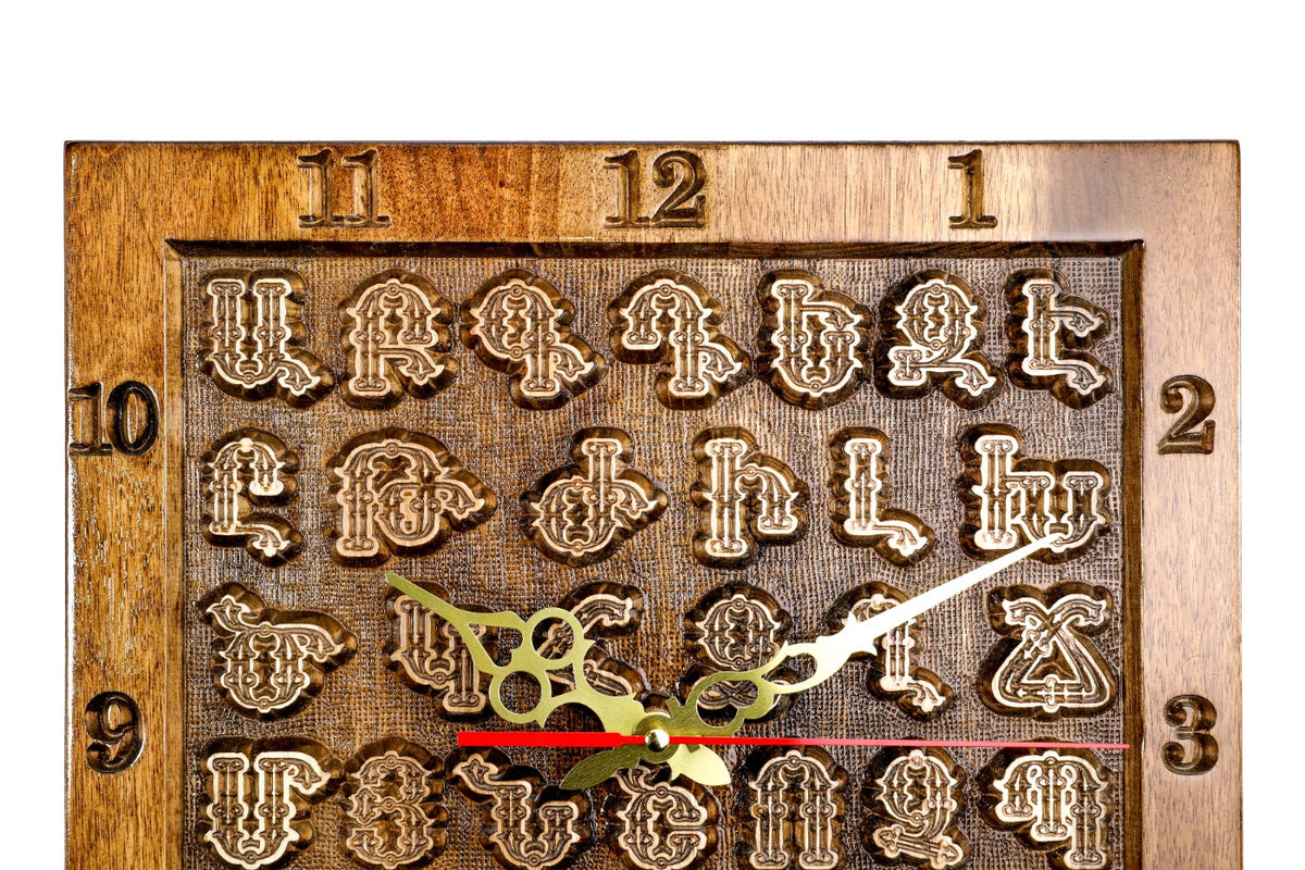 Hand-carved Armenian alphabet wall clock, second view, by Hrachya Ohanyan