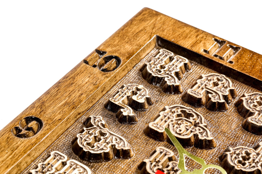 Hand-carved Armenian alphabet wall clock, view 6, by Hrachya Ohanyan