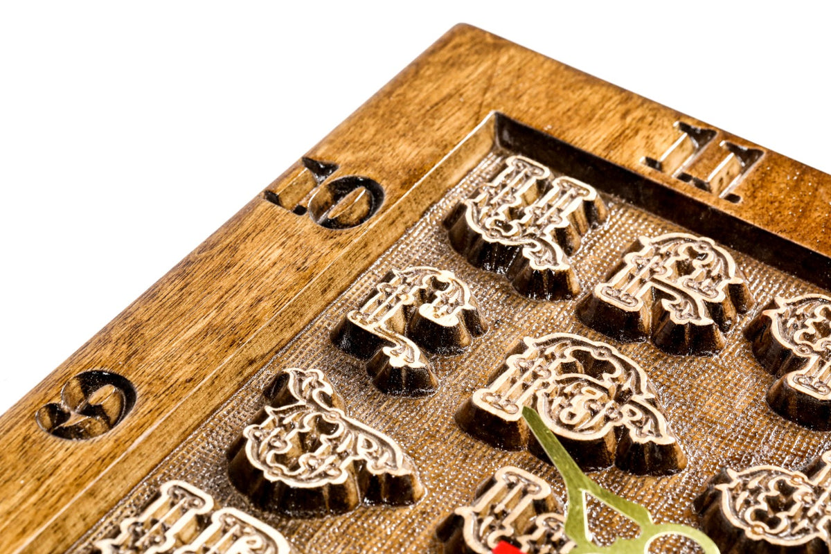 Hand-carved Armenian alphabet wall clock, view 6, by Hrachya Ohanyan
