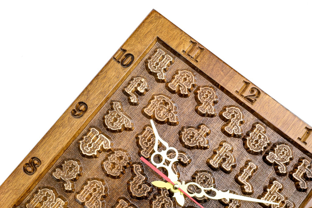 Hand-carved Armenian alphabet wall clock, view 7, by Hrachya Ohanyan