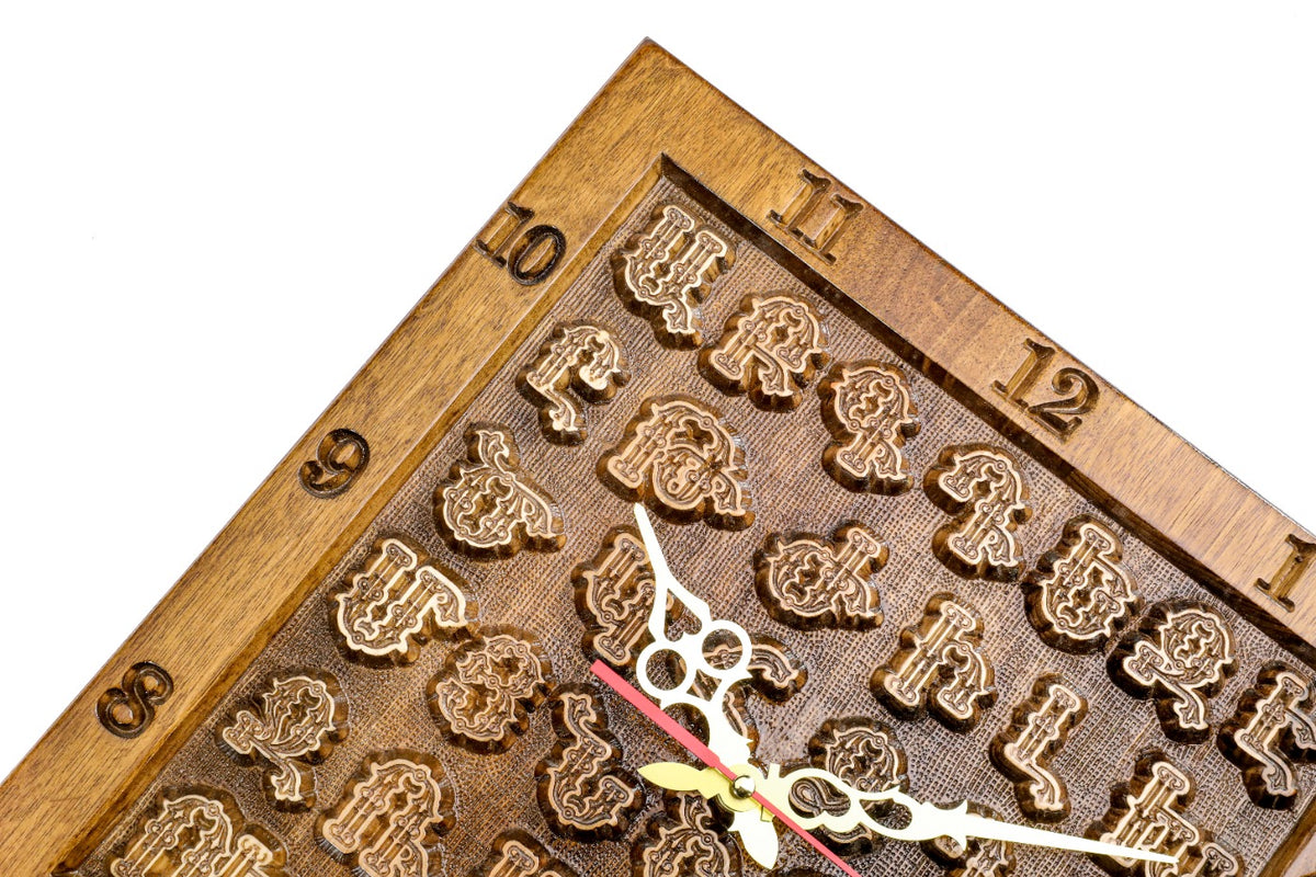 Hand-carved Armenian alphabet wall clock, view 7, by Hrachya Ohanyan