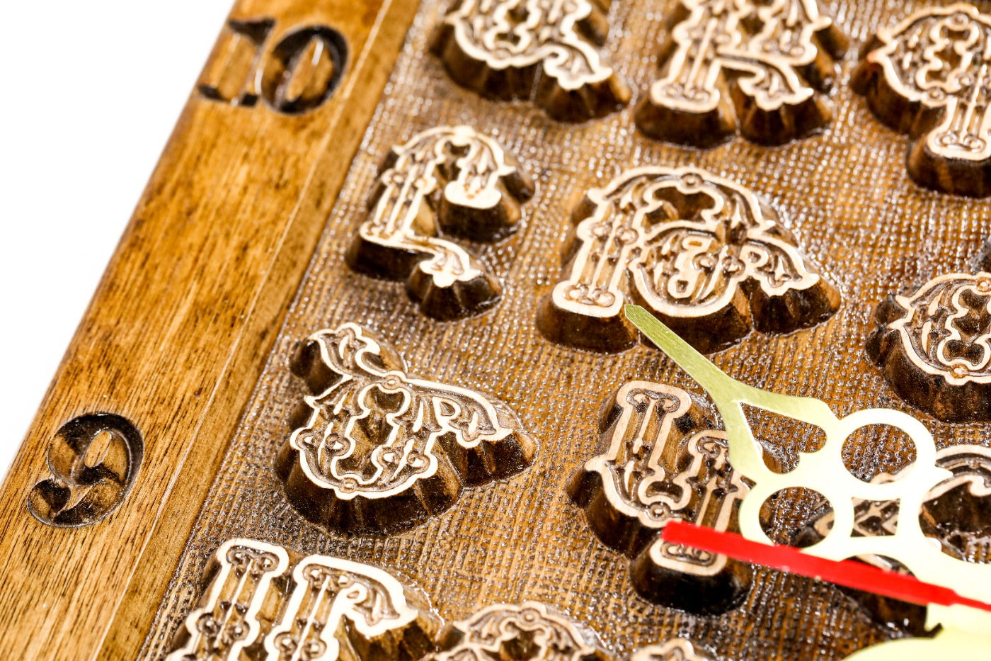 Hand-carved Armenian alphabet wall clock, view 9, by Hrachya Ohanyan