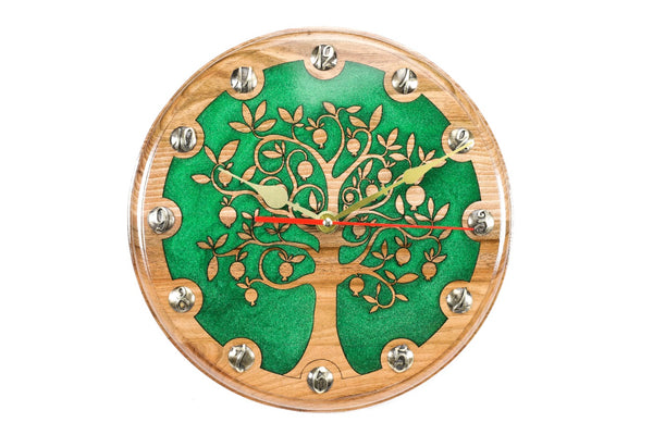 Hand-carved Armenian wall clock with pomegranate tree, 11.8 inch / 30 cm, by Hrachya Ohanyan