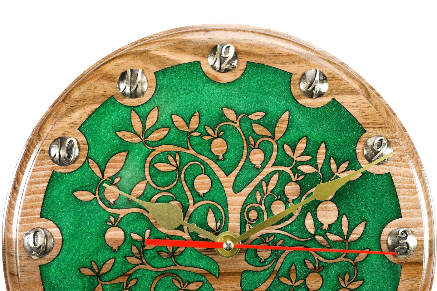 Armenian pomegranate tree wall clock, detail view, by Hrachya Ohanyan