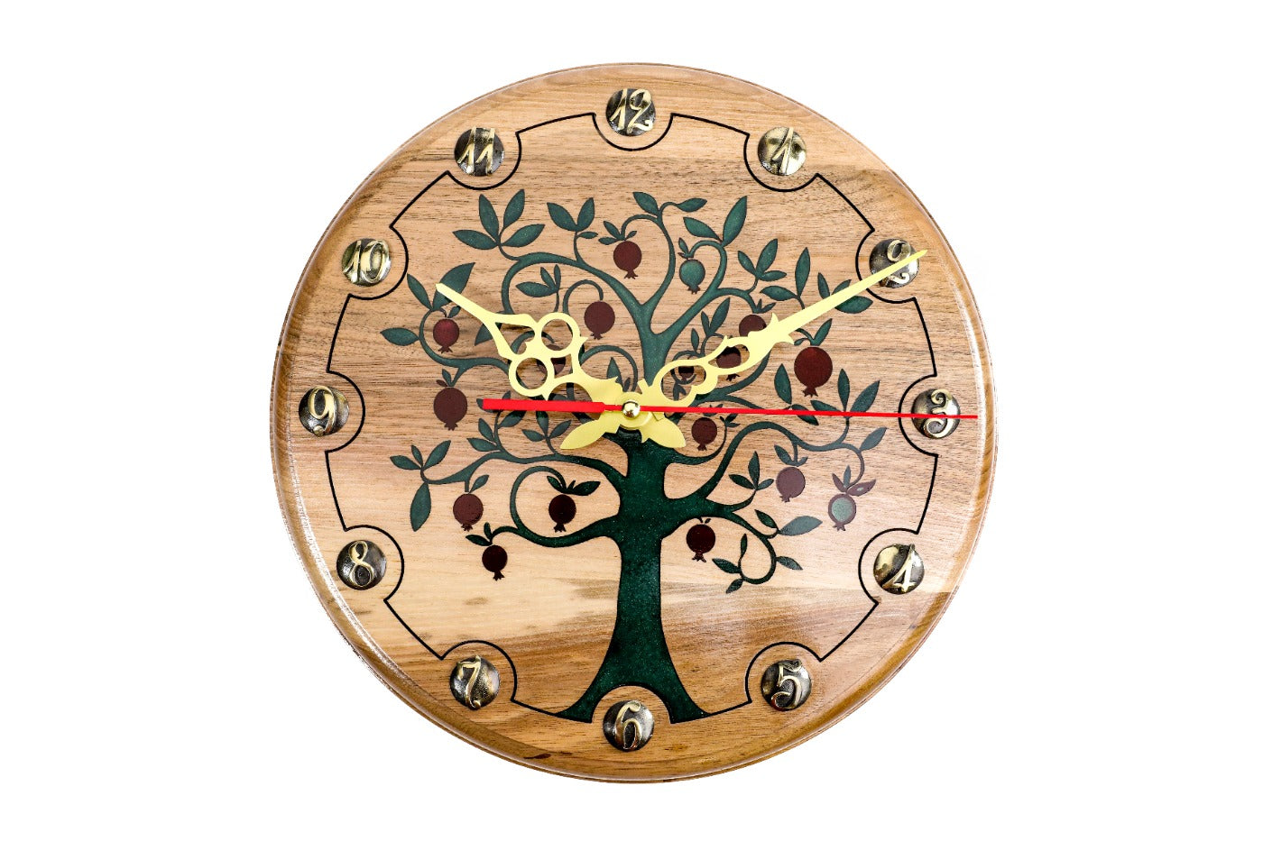 Walnut wall clock with hand-carved pomegranate tree, 11.8 inch / 30 cm, by Hrachya Ohanyan