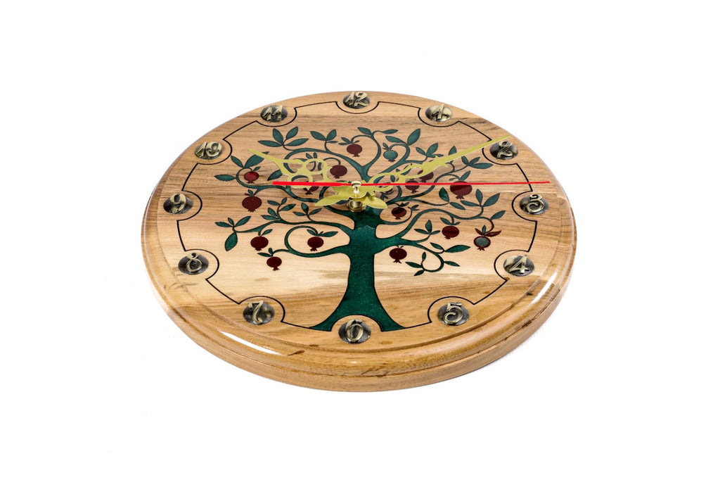 Walnut pomegranate tree wall clock, second view, by Hrachya Ohanyan