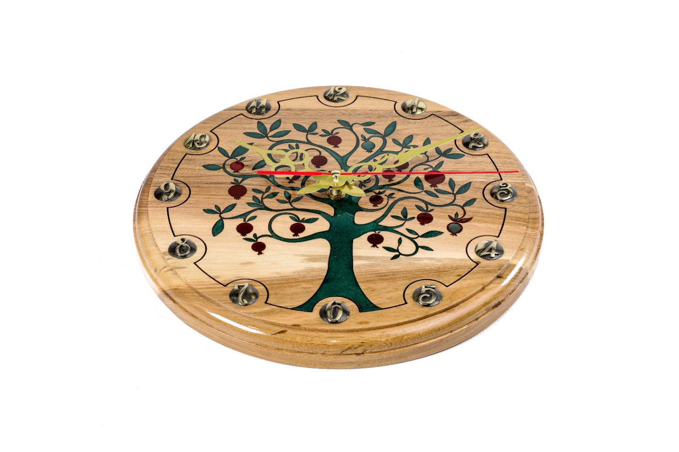 Walnut pomegranate tree wall clock, second view, by Hrachya Ohanyan