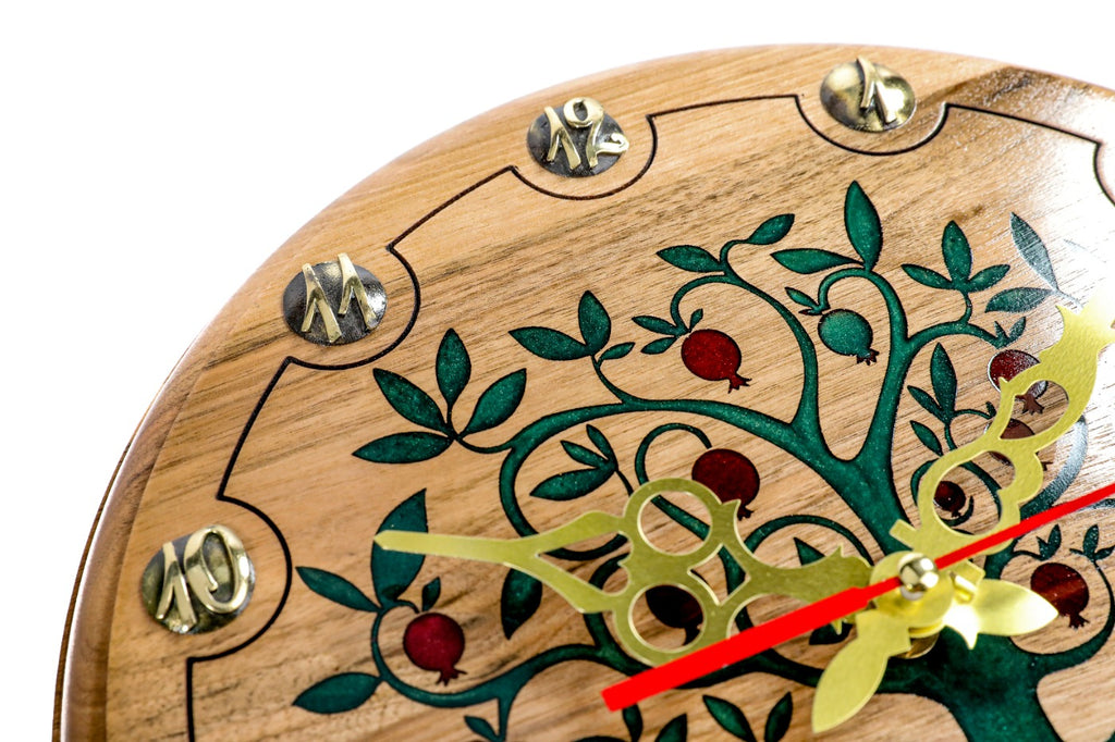 Walnut pomegranate tree wall clock, view 7, by Hrachya Ohanyan