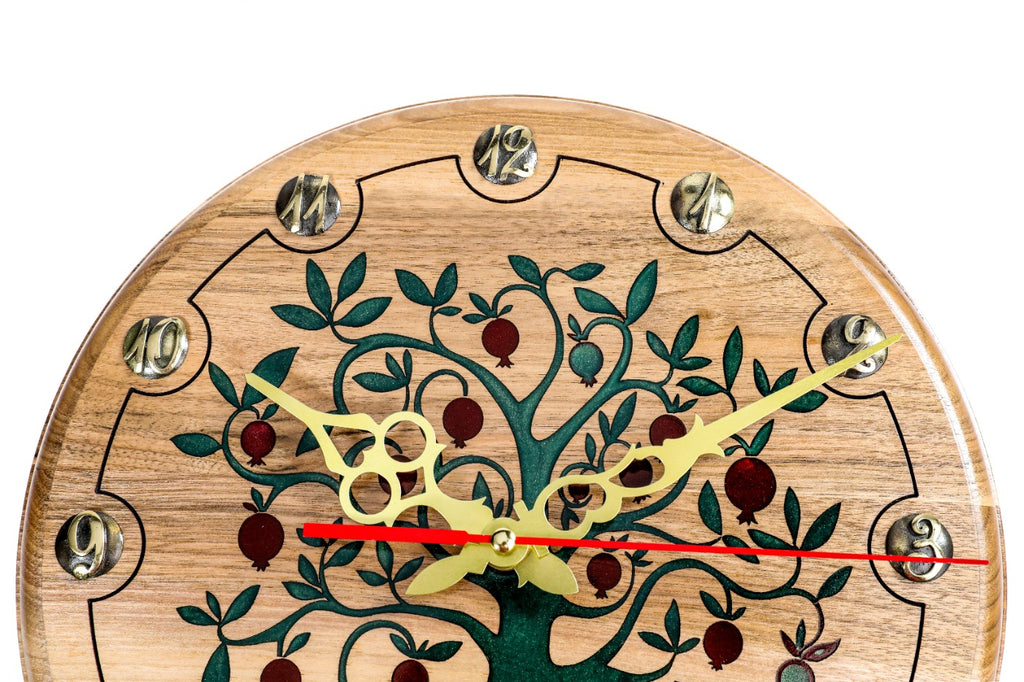 Walnut pomegranate tree wall clock, detail view, by Hrachya Ohanyan