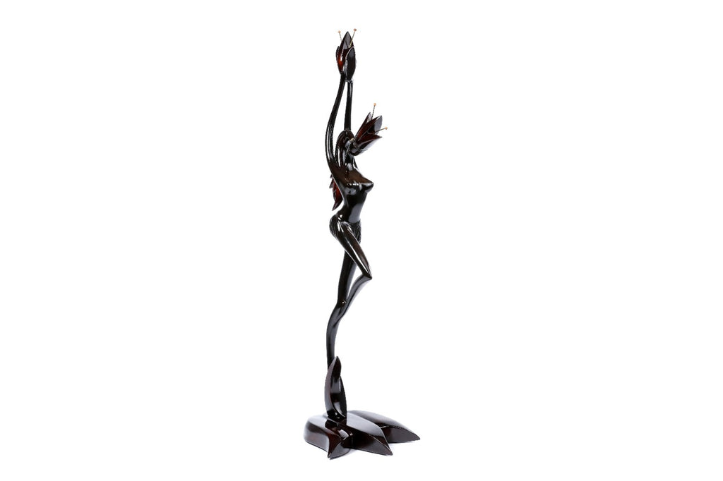 Hand-carved wooden Girl with Flower sculpture, 39.4" / 100 cm, by Hrachya Ohanyan