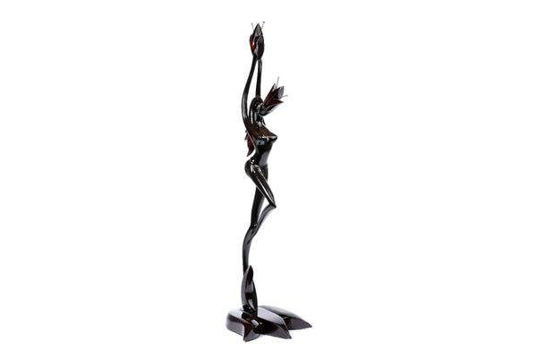Hand-carved wooden Girl with Flower sculpture, 39.4" / 100 cm, by Hrachya Ohanyan