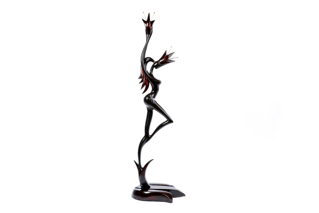 Wooden Girl with Flower sculpture hand carved from linden wood — detail view