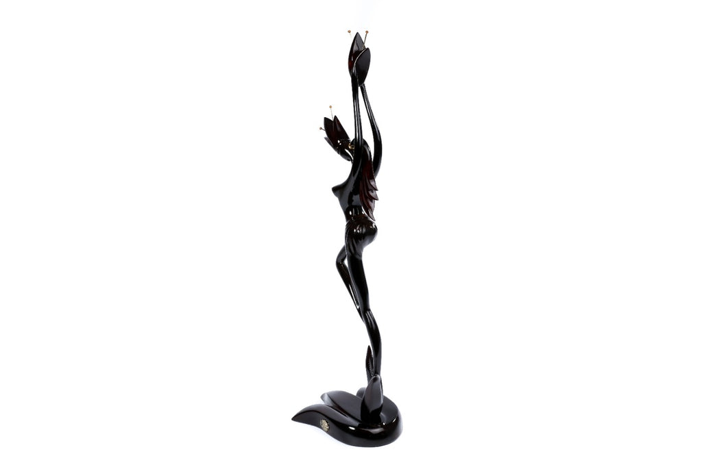 Wooden Girl with Flower sculpture, natural linden grain detail