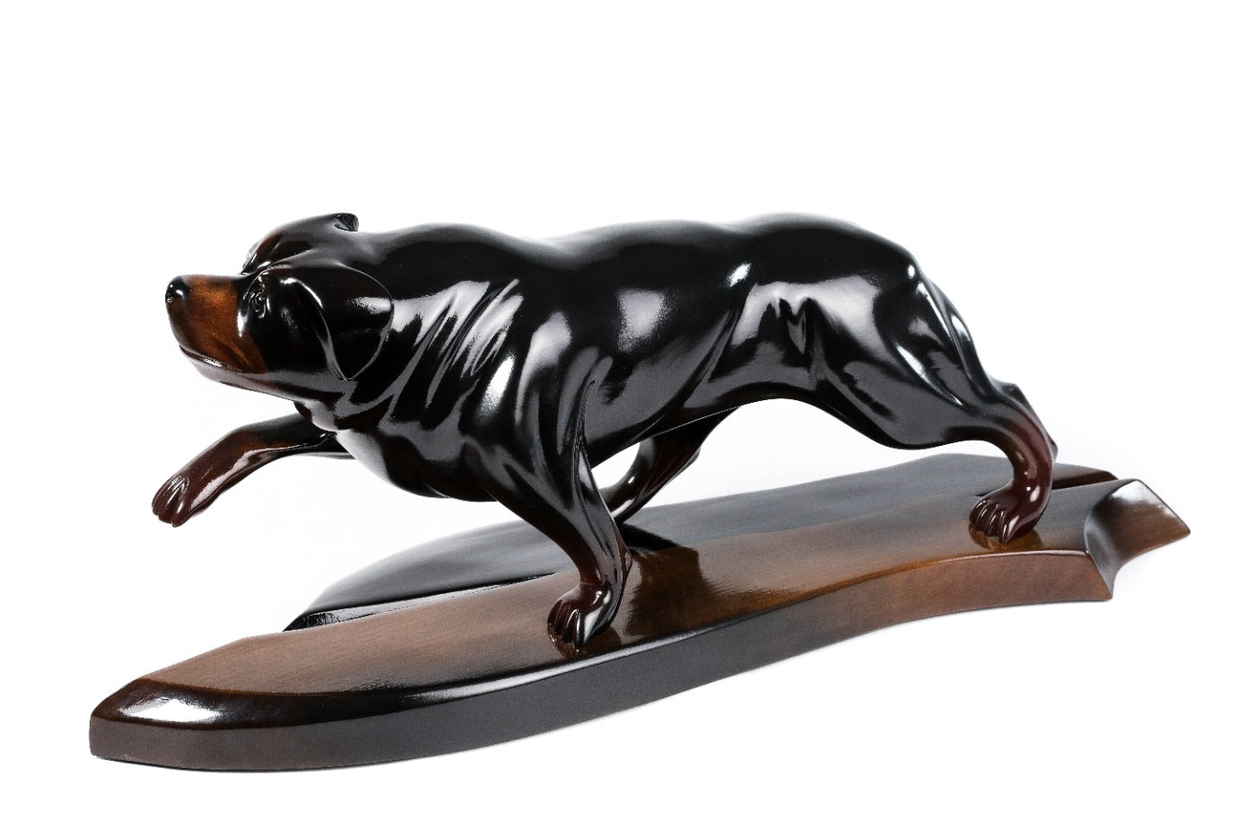 Wooden Rottweiler sculpture hand carved from linden wood — detail view