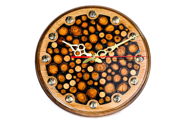 Walnut wall clock with tree branch slices and epoxy resin, 11.8 inch / 30 cm, by Hrachya Ohanyan