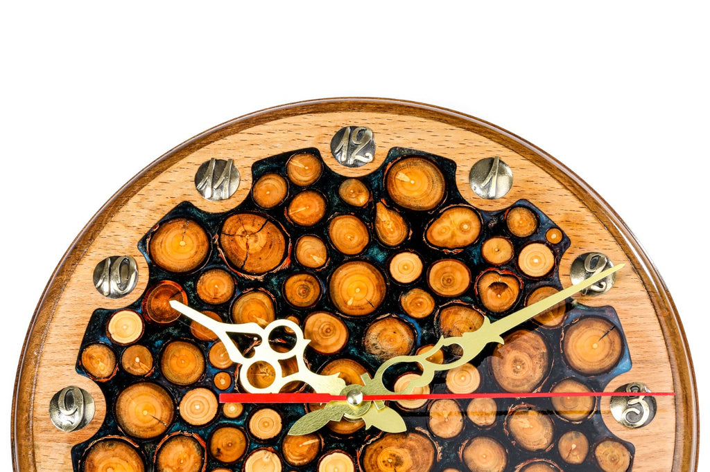 Walnut tree branches and epoxy wall clock, detail view, by Hrachya Ohanyan