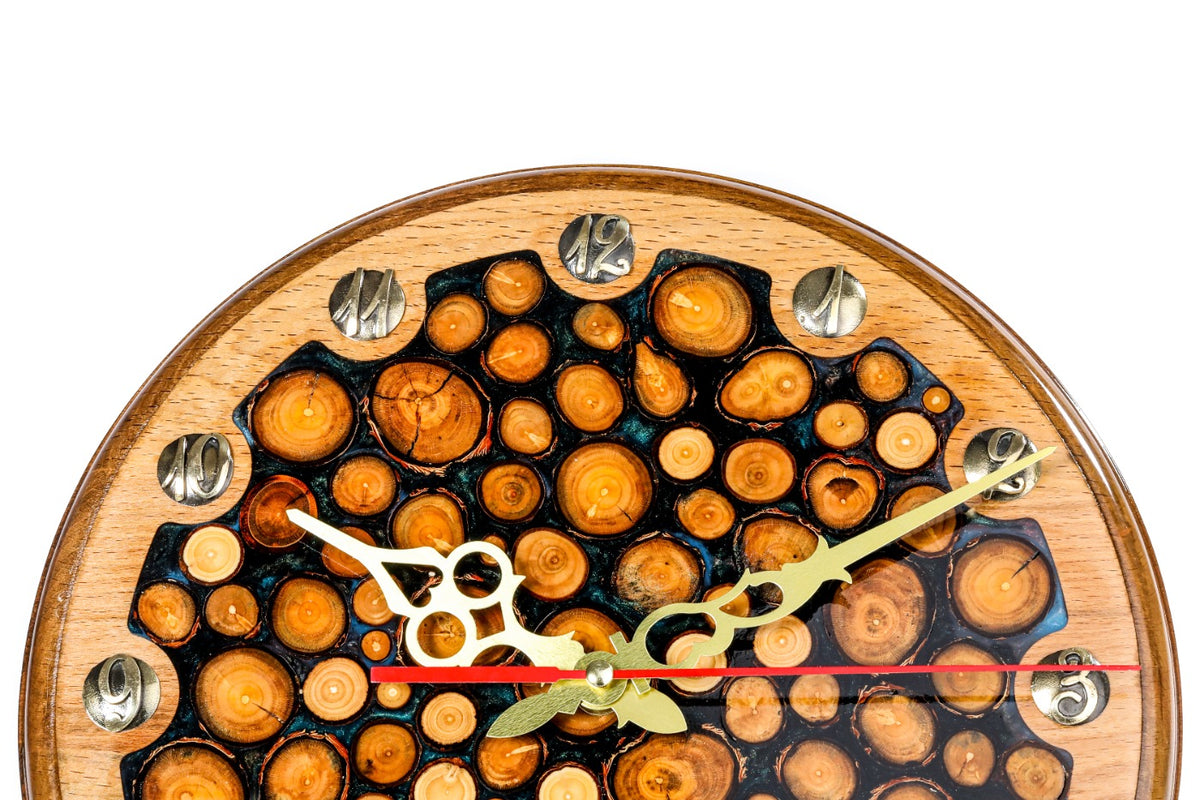 Walnut tree branches and epoxy wall clock, detail view, by Hrachya Ohanyan