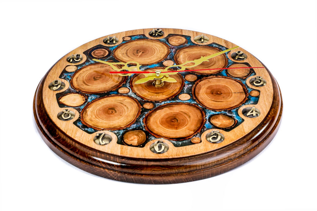 Tree branches and blue epoxy wall clock, second view, by Hrachya Ohanyan