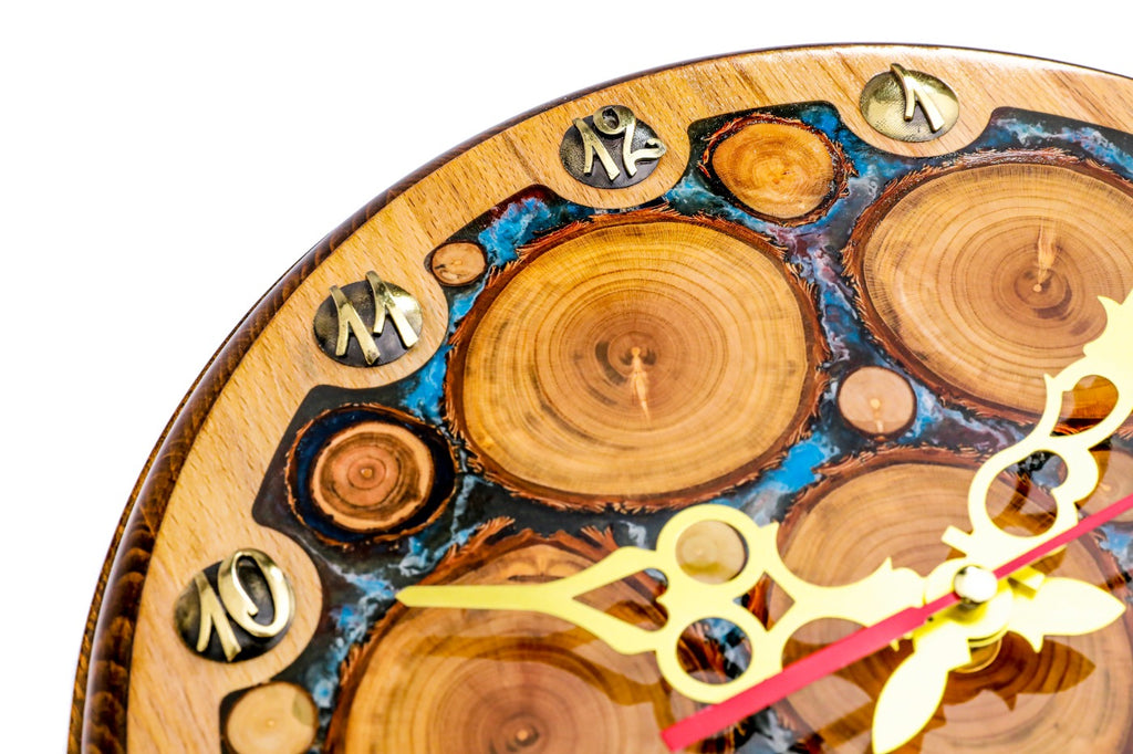 Tree branches and blue epoxy wall clock, view 6, by Hrachya Ohanyan