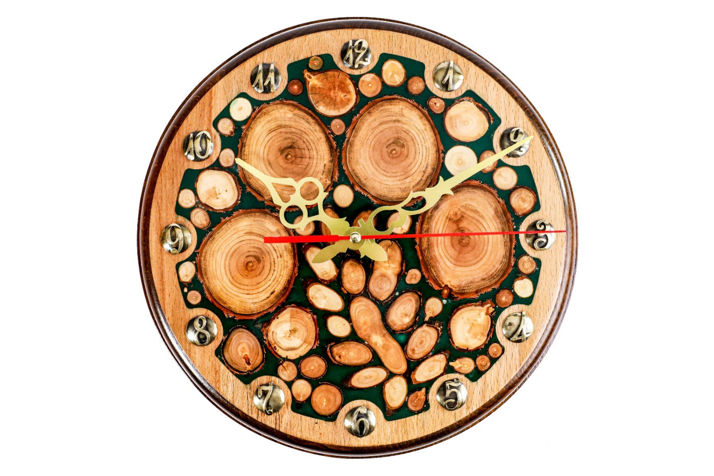 Handmade wooden wall clock with tree branch slices and green epoxy, 11.8 inch / 30 cm, by Hrachya Ohanyan