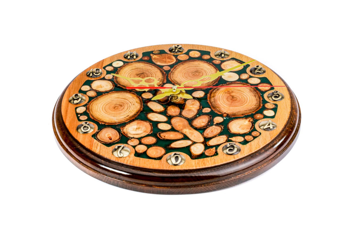 Tree branches and green epoxy wall clock, second view, by Hrachya Ohanyan