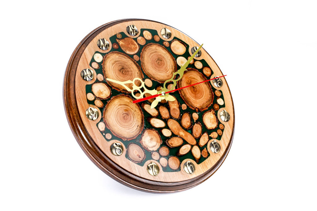 Tree branches and green epoxy wall clock, detail view, by Hrachya Ohanyan