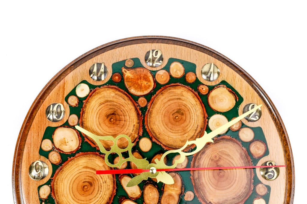 Tree branches and green epoxy wall clock, view 4, by Hrachya Ohanyan